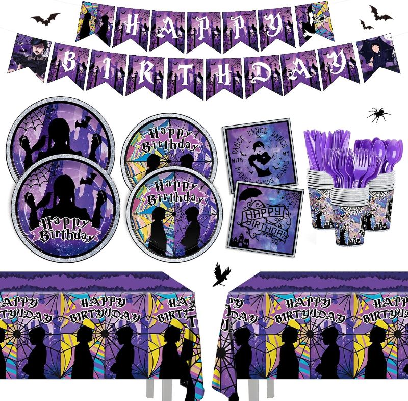 Photo 1 of 171pcs Wednesday Birthday Party Decorations Supplies Cartoon Paper Plates Napkin Birthday Disposable Cup Tablecloth Purple Forks Tableware Set for 24 Guests

