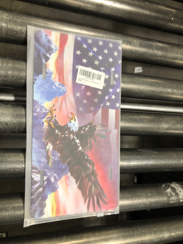 Photo 1 of American Flag and Bald Eagle Flying License Plate, Decorative Car Front License Plate, Aluminum Novelty License Plates Vanity Tag Metal Car Plate for Women Men 6 X 12 Inch
