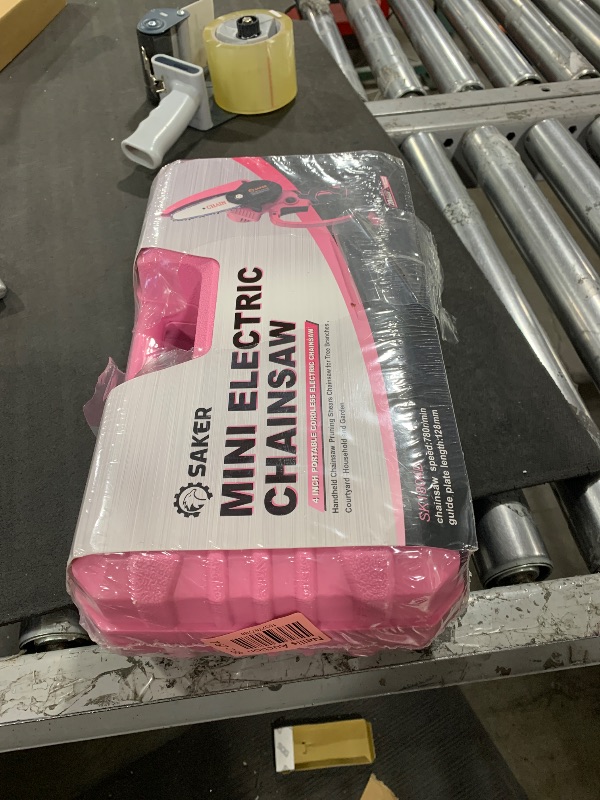 Photo 1 of Saker Mini Chainsaw,Portable Electric Pink Mini Chainsaw Cordless,Handheld Chainsaw for Tree Branches,Courtyard, Household and Garden,By 2PCS 20V 1500mAh Batteries and 3 PCS Chains