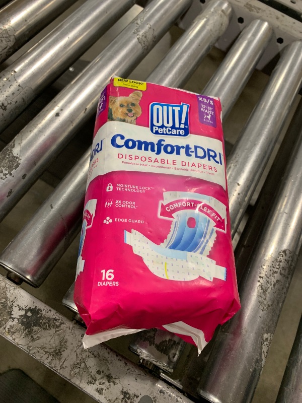 Photo 1 of OUT! Petcare Disposable Dog Diapers for Female Dogs, Dog Heat Diapers, Female Dog Period Pads, Female Doggy Diaper for Peeing, Pet Diapers for Small Pets,13”-18” Waist, XS/Small, 16 Count