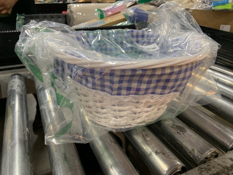 Photo 1 of Hushee Willow Easter Bunny Basket 11"×7" Wicker Easter Gift Baskets with Folding Handle Plaid Liners for Kids Toys Eggs Hunt Wood Bunny Bucket Decorations(Blue and White Plaid)
