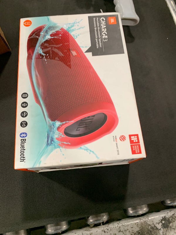 Photo 1 of JBL Charge 3 Waterproof Portable Bluetooth Speaker, Includes LED Flashlight Key Chain Bonus - Red