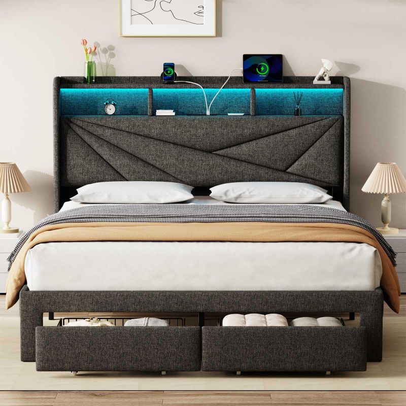 Photo 1 of Driftalia LED Queen Bed Frame with 2 Storage Drawers, Upholstered Bed Frame Queen Size with Headboard- Dark Grey
