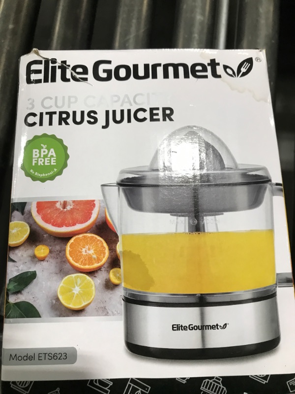 Photo 1 of Elite Gourmet ETS623 BPA-Free Electric Citrus Juicer, Compact, Large Volume, Pulp Control, Oranges, Lemons, Limes, Grapefruits with Easy Pour Spout, 24oz, Black/Stainless Steel