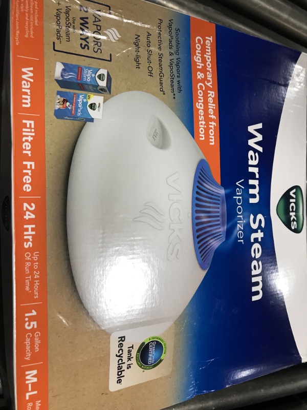 Photo 1 of Vicks Warm Steam Vaporizer, Small to Medium Rooms, 1.5 Gallon Tank – Warm Mist Humidifier for Baby and Kids Rooms with Night Light, Works with Vicks VapoPads and VapoSteam