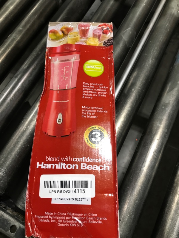 Photo 1 of Hamilton Beach Portable Blender for Shakes and Smoothies with 14 Oz BPA Free Travel Cup and Lid, Durable Stainless Steel Blades for Powerful Blending Performance, Red (51101RV)
