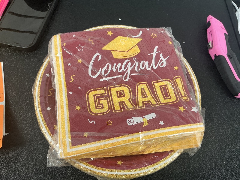 Photo 1 of Graduation Decorations 2025 Maroon and Gold Red,Graduation Paper Plates and Napkins Party Supplies Set,for College High School Congrats Disposable Party Dinnerware,Serves 50 Dessert Cake Plates