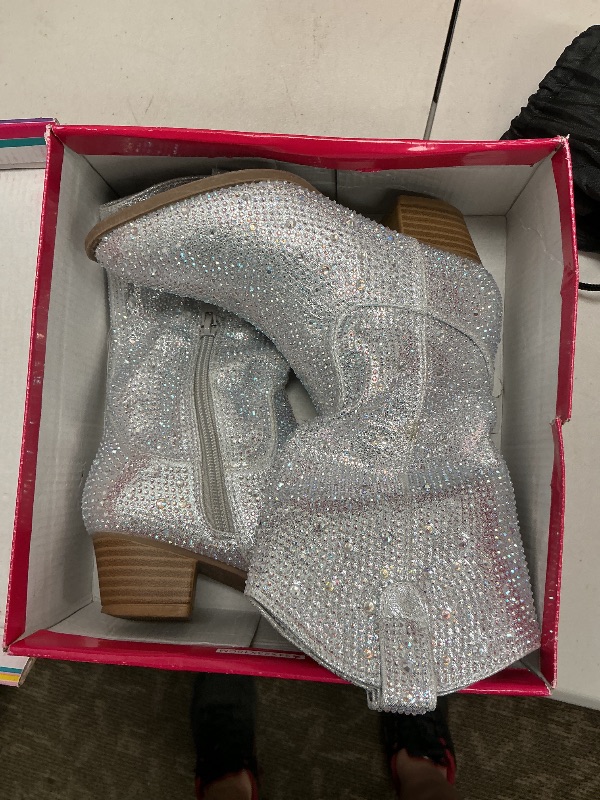 Photo 1 of ABSOLEX Girls' Western Cowgirl Cowboy Pointed Toe Rhinestone Low Heel Boots, Silver, size 12 kids 