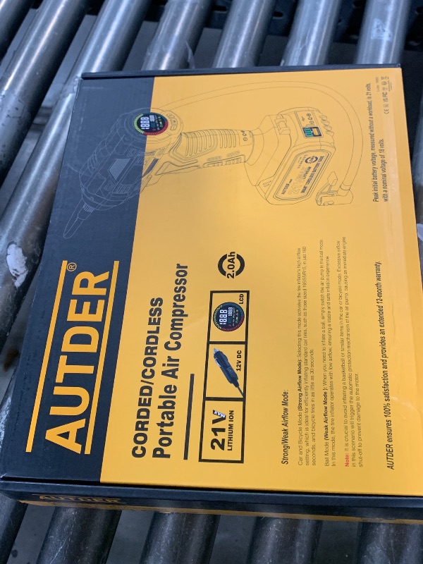 Photo 1 of AUTDER Cordless Tire Inflator, 180PSI Portable Air Compressor with 21V Rechargeable Battery & 12V DC Car Adapter, Fast Inflation Digital Pump for Cars, Motorcycles, Bikes & Sports Balls - Yellow