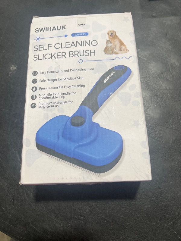 Photo 1 of Swihauk Self Cleaning Slicker Brush - Skin Friendly Deshedding Grooming Tool for Dogs & Cats, Suitable for Shedding & Haired Pets, with Pet Supplies Accessories, Blue