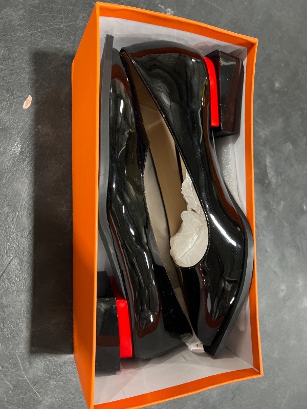 Photo 1 of LingxiaUne Black Patent Leather Shoes for Women Fashion Forward Elegant Dressy Womens Pumps and Loafers with Low Chunky Heel and Sleek Pointed Toe Design Fashion Forward Size 8