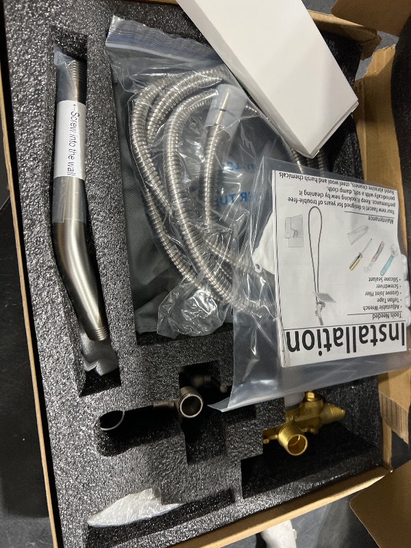 Photo 1 of All Metal Shower Faucet Set, Dual Square Shower Head System with Handheld Wand & Rainfall Showerhead, Diverter, Hose Complete Combo, Pressure Balance Rough-in Valve Included