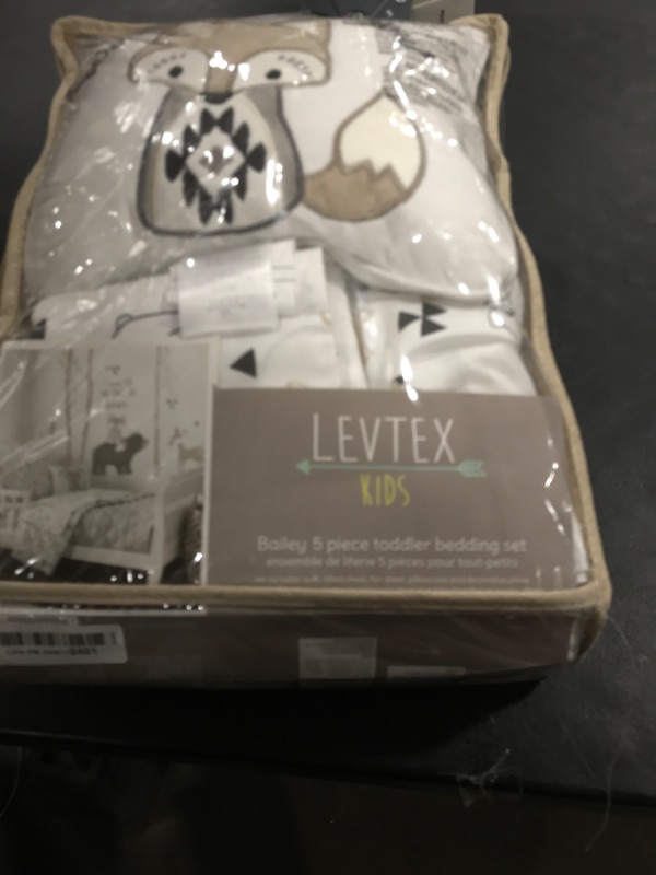 Photo 1 of Levtex Baby Bailey Bear, Animals, Woodland, Charcoal, Beige, White -5PC Toddler Set - Neutral Kids Bedding - Reversible Quilt, Fitted Sheet, Flat Sheet, Standard Pillow Case, Decorative Pillow