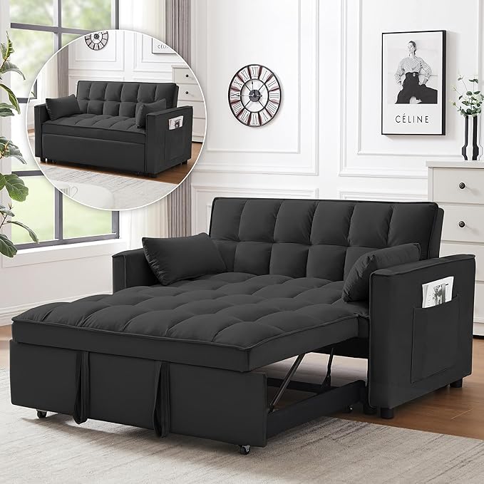 Photo 1 of 3 in 1 Convertible Sleeper Sofa Bed, Futon Couches for Living Room with Side Pocket | Adjustable Backrest| Velvet Fabric | Pull Out Couch | Loveseat | Sectional Sofa Bed(Black)