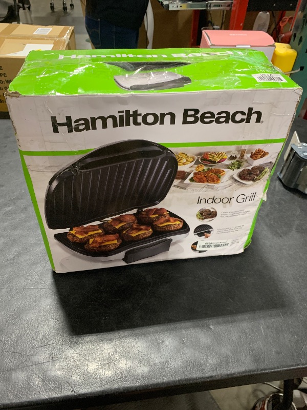 Photo 1 of Hamilton Beach Electric Indoor Grill, 6-Serving, Large 90 sq. in. Nonstick Easy Clean Plates, Floating Hinge for Thicker Foods, 1200 Watts, 6.38"D x 12.68"W x 13.78"H , Silver (25371)