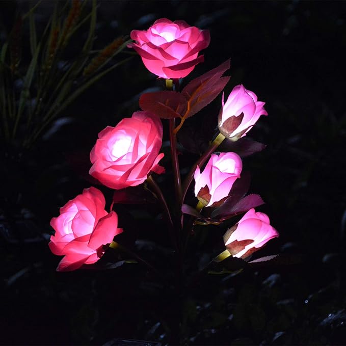 Photo 1 of [Upgraded 6 Flowers]Solar Garden Decorative Artificial Flowers Lights, Outdoor Waterproof Rose Stake Light for Country Yard Front Porch Step Pathway Memorial Cemetery Grave Gravesite Decor,Pink
