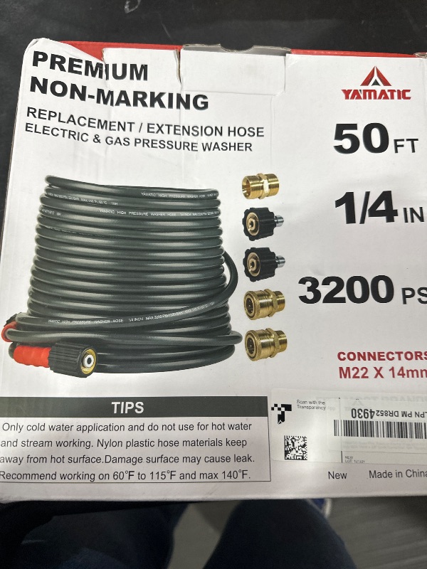 Photo 1 of YAMATIC Super Flexible Pressure Washer Hose 50FT for Power Washer Replacement, Kink Resistant Extension With Leak-Free M22 Female & 3/8" Quick Connect Adapters, 1/4" 3200 PSI, Grey