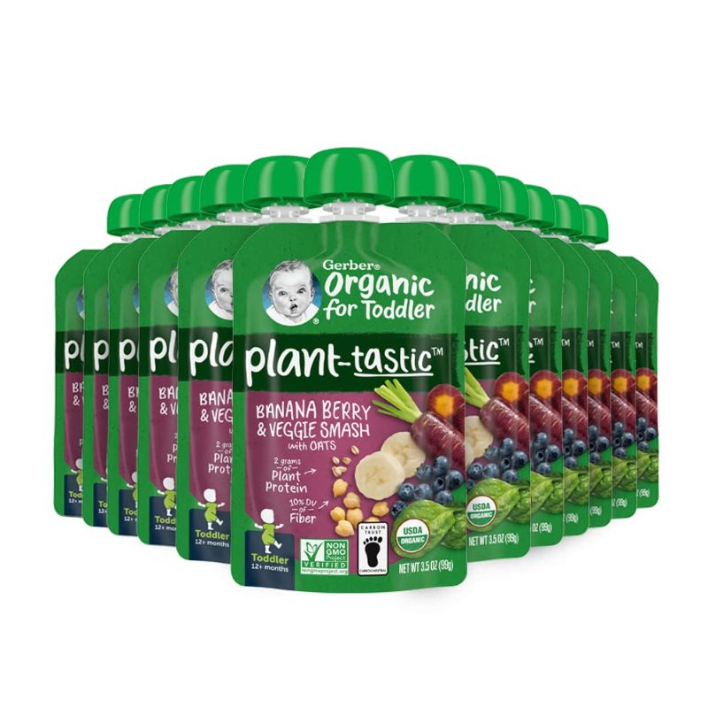Photo 1 of Gerber Organic Baby Food Pouches, Toddler, Plant-tastic, Banana Berry & Veggie Smash, 3.5 Ounce (Pack of 12 // Best by May 2025)