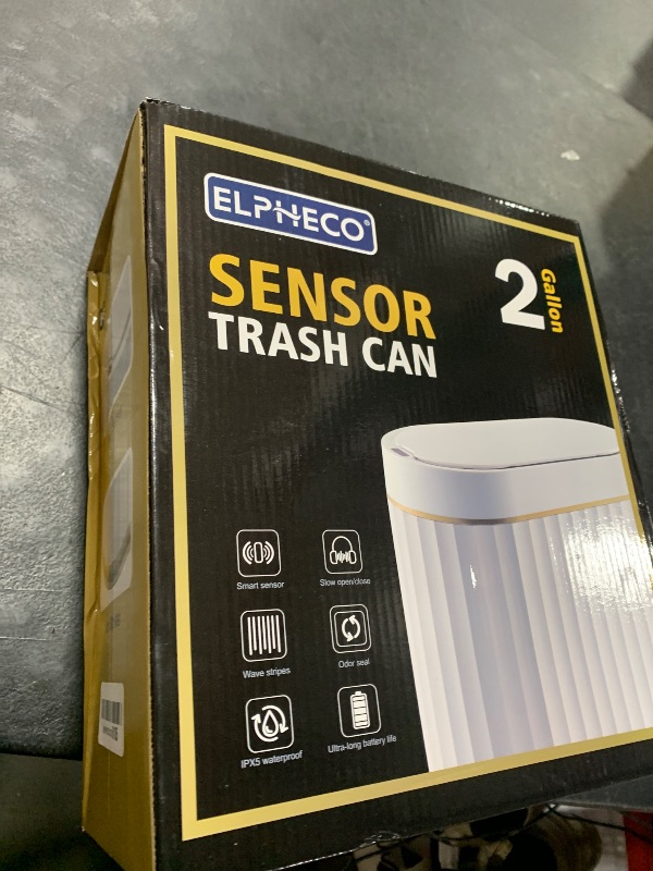 Photo 1 of ELPHECO Automatic Motion Sensor Trash Can - 2 Gallon Slimline for Bathroom, Bedroom, Kitchen, Office - White with Gold Trim