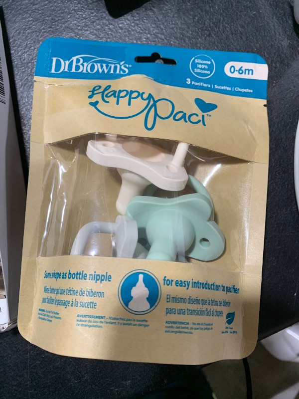 Photo 1 of Dr. Brown's HappyPaci 100% Silicone Baby Pacifier, Contoured One-Piece Design, Cool Gray, Green, Ecru, 0-6m, BPA-Free, 3 Pack