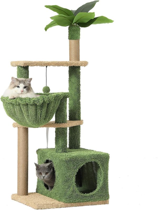 Photo 1 of 61" Large Cat Tree Tower for Indoor Cats with DIY Green Leaves Scratching Post Multi Soft Hang Ball Plush Cat House Furniture 360° Rotating Cat Scratch Board with Hammock, Green