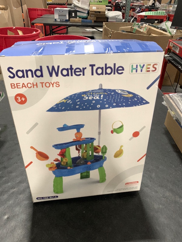 Photo 1 of HYES Water Table for Toddlers 3-5 with Umbrella/Water Pumb/Water Table Cover, 3-Tier Kids Sand Water Table, Rain Showers Splash Pond for Outdoor Beach, Activity Sensory Play Table for Boys Girls