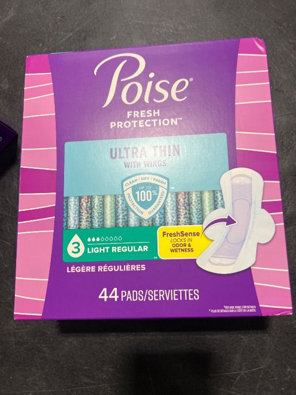 Photo 1 of Poise Ultra Thin Incontinence & Postpartum Pads with Wings for Bladder Leaks, 3 Drop Light Absorbency, Regular Length, 44 Count, Packaging May Vary