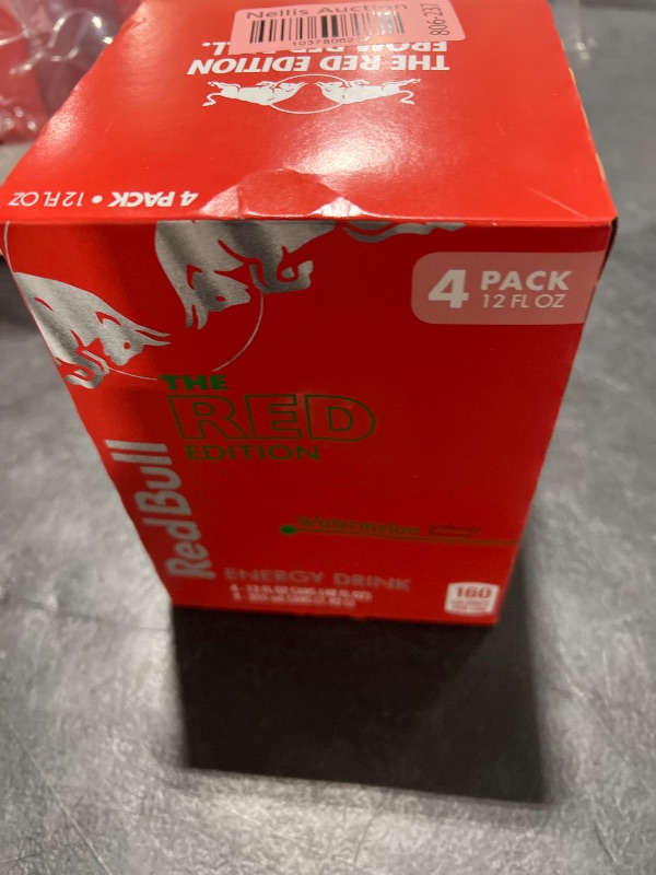 Photo 1 of Red Bull Red Edition Energy Drink, Watermelon, with 114mg Caffeine plus Taurine & B Vitamins, 12 Fl Oz, Pack of 4 Cans     bb 01-13-2026