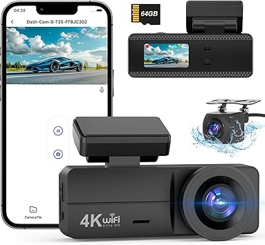 Photo 1 of 4K Dash Cam Front and Rear, WiFi Dash Cam with 64GB Card, 4K+1080P Dash Camera for Cars, WiFi Car Camera with App, 1.47" Screen DashCam with 24H Parking Monitor, G-Sensor