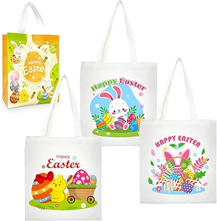 Photo 1 of PARSUP 3 PACK Easter Bunny Basket Bags for Kids Canvas Tote Bags With 1PC Cute Easter Non-woven Bag for Egg Hunt Carrying Gift Container with Handle, Bunny Chick Egg Cute Pattern Canvas Bucket Tote
