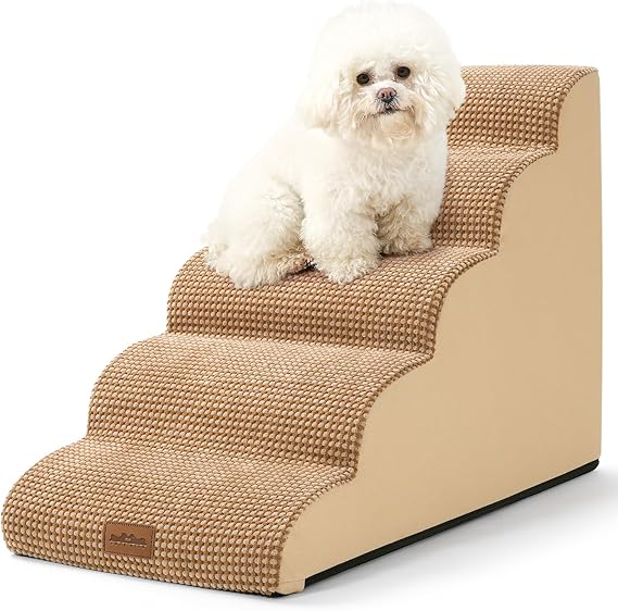 Photo 1 of Dog Stairs for High Bed 22.6" H, Small Dog Step for Puppy, Older or Cat, Curved Ramp for Car, Ladder with High Density Foam, Lightweight, Durable, 15.7x33x22.6 inch, 5 Step, Light Brown
