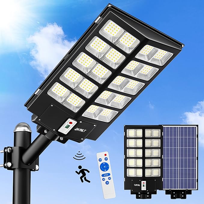 Photo 1 of JAYNLT Y-5200W Solar Street Lights Outdoor,520000LM 6500K Commercial Parking Lot Lights Dusk to Dawn, Waterproof Solar Security Flood Lights with Motion Sensor and Remote for Yard, Garage, Driveway
