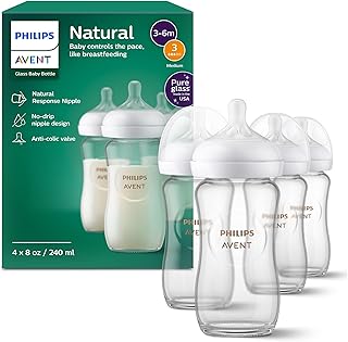 Photo 1 of Philips Avent Natural Glass Baby Bottles with Natural Response Nipples (Medium Flow, Flow 3), 8oz, 4-Pack, SCY913/04