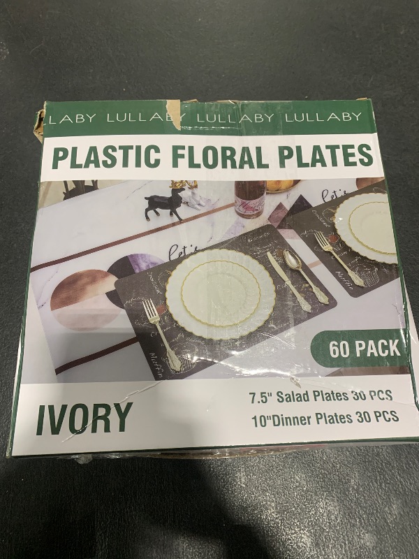 Photo 1 of Lullaby 60PCS Ivory Scalloped Plastic Plates with Gold Rim, Disposable Elegant Plates Include 30pcs Dinner Plate 10.25", 30pcs Plastic Dessert Plate 7.5", Perfect for Wedding and Party