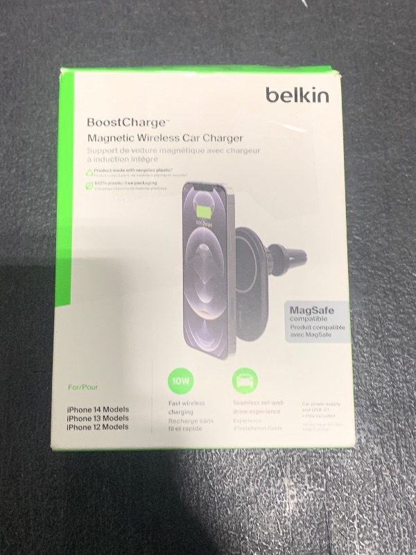 Photo 1 of Belkin MagSafe-Compatible Magnetic Wireless Car Charger 10W - BoostCharge Pro Wireless Charger, Magnetic Car Vent Phone Mount for iPhone 16, iPhone 15, 14, & 13 Series, Power Supply Included - Black
