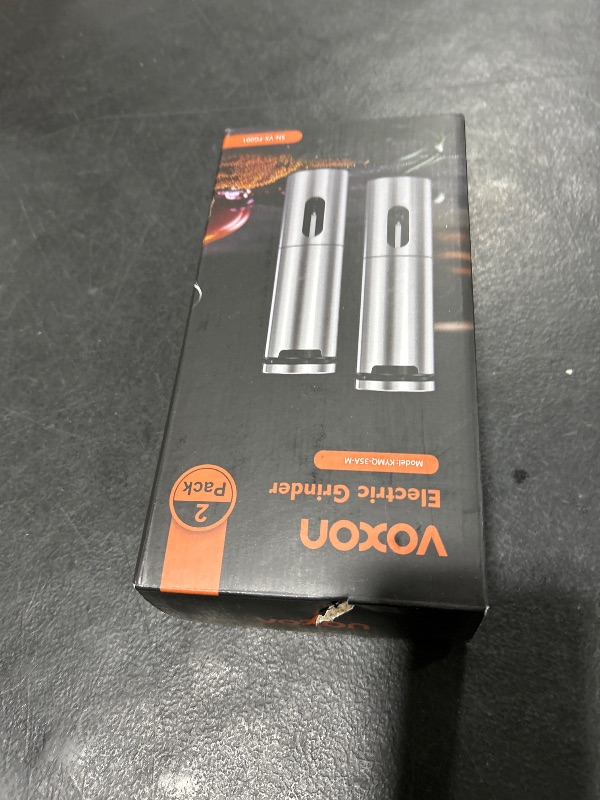 Photo 1 of VOXON Electric Salt and Pepper Grinder Set Rechargeable Stainless Steel, LED Light, 100ml Capacity, 5 Levels Adjustable Coarseness, Automatic Salt and Pepper Grinder Set One Handed Operation (2 Pack)