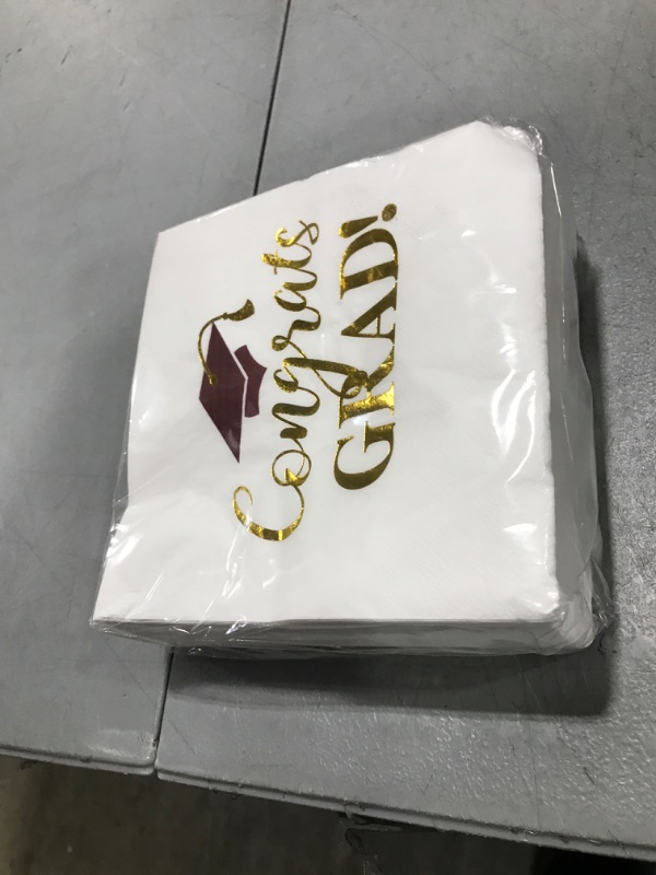 Photo 1 of 100 Pcs Graduation Party Napkins Beverage Cocktail Foil Disposable Paper Napkins 2025 Hand Towels for Graduation Party Celebration Decorations(White Gold Maroon)