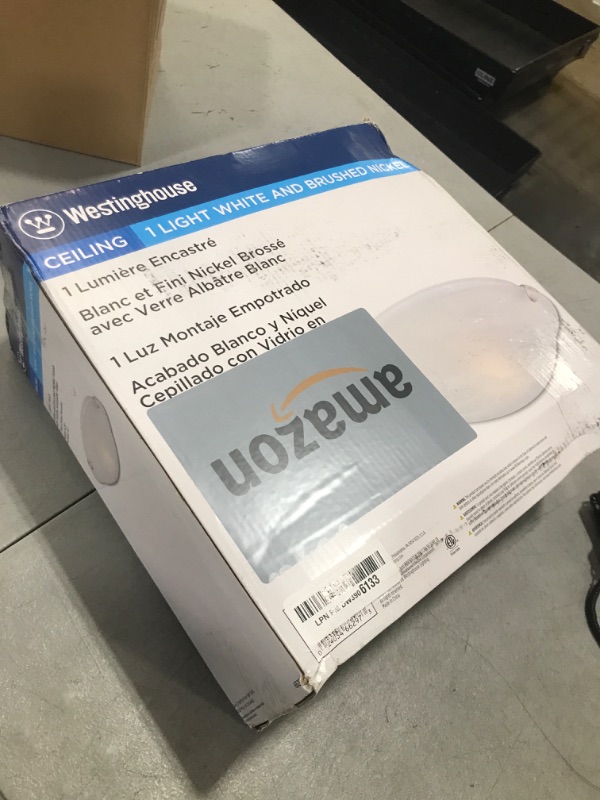 Photo 1 of Westinghouse One-Light Interior Flush-Mount Ceiling Fixture, White and Brushed Nickel Finish with White Alabaster Glass