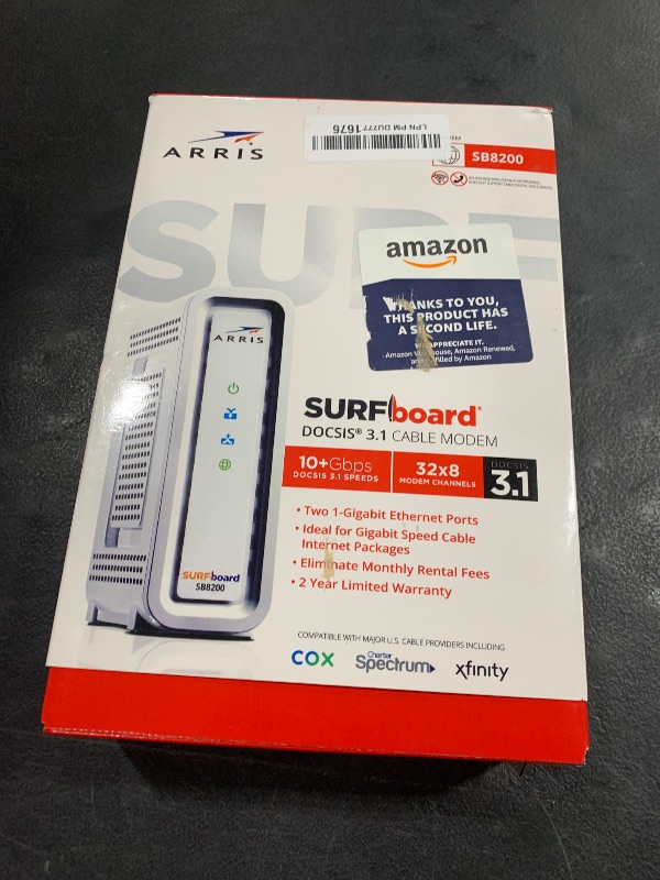 Photo 1 of ARRIS (SB8200) - Cable Modem - Fast DOCSIS 3.1 32x8 Gigabit Cable Modem , Approved for Comcast Xfinity, Cox, Charter Spectrum, & more | 1 Gbps Max Internet Speed, 4 OFDM Channels