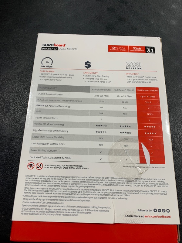 Photo 1 of ARRIS (SB8200) - Cable Modem - Fast DOCSIS 3.1 32x8 Gigabit Cable Modem , Approved for Comcast Xfinity, Cox, Charter Spectrum, & more | 1 Gbps Max Internet Speed, 4 OFDM Channels