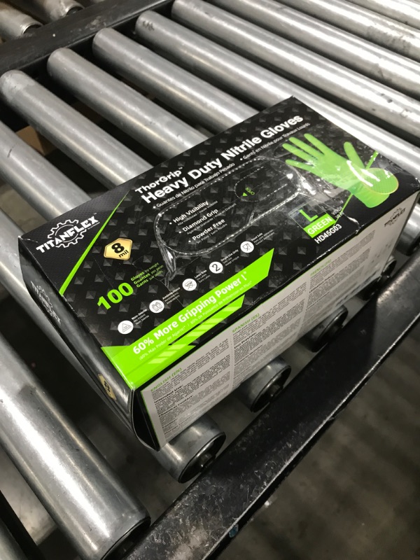 Photo 1 of TITANflex Thor Grip Heavy Duty Green Industrial Nitrile Gloves, 8-mil, Large, Box of 100, Gloves Disposable Latex Free with Raised Diamond Texture Grip, Powder Free, Rubber Mechanic (HD45G03)