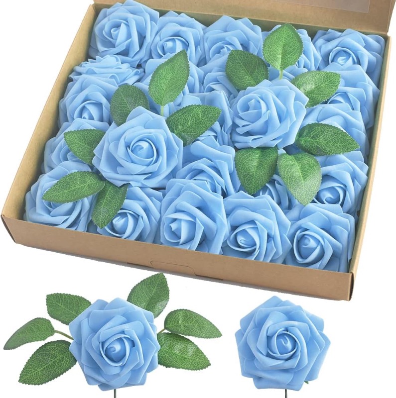 Photo 1 of homEdge Artificial Rose, 25pcs Foam Artificial Flowers with Stem for Home Decorations, Wedding Bouquets, Party, Certerpieces, Anniversaries-Aqua Blue