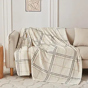 Photo 1 of 1037826571 COOVA Super Soft Throw Blanket - Cozy Printed Checkered Fluffy Blanket, Lightweight and Warm Fleece Blanket for Couch, Bed, Chair,Camping and Travel, for Women.(Ivory, 50"x60") 