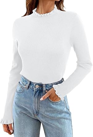 Photo 1 of EVALESS Fall Sweaters for Women 2024 Casual Ruffle Crewneck Long Sleeve Sweaters Ribbed Knit Slim Fit Sweater Base Layer Tops SIZE: S