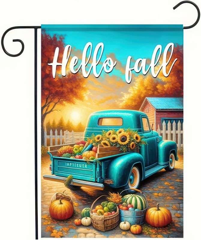 Photo 1 of ?BlissYard Hello Fall Garden Flag 12x18 Double Sided Pumpkin Truck Garden Flag Autumn Sunflower Maple Leaves Harvest Thanksgiving Flag Decorative Yard Outside Farmhouse Home Decor Outdoor Banner 