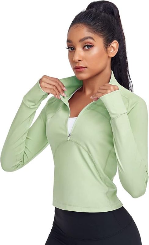 Photo 1 of HISKYWIN Women's Cropped Workout Jacket Half Zip Pullover Running Shirts 1/2 Zip Slim Fit Long Sleeve Athletic Yoga Tops 