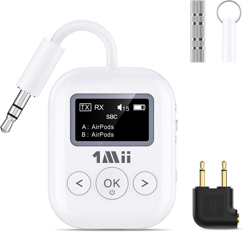 Photo 1 of 1Mii SafeFly Min+ Bluetooth Transmitter and Receiver,Bluetooth Adapter for Airplane, Supports to 2 AirPods/Headphones,Use with Any 3.5mm Jack on Airplanes, Gym, TVs, Car, Home, Boat(White)