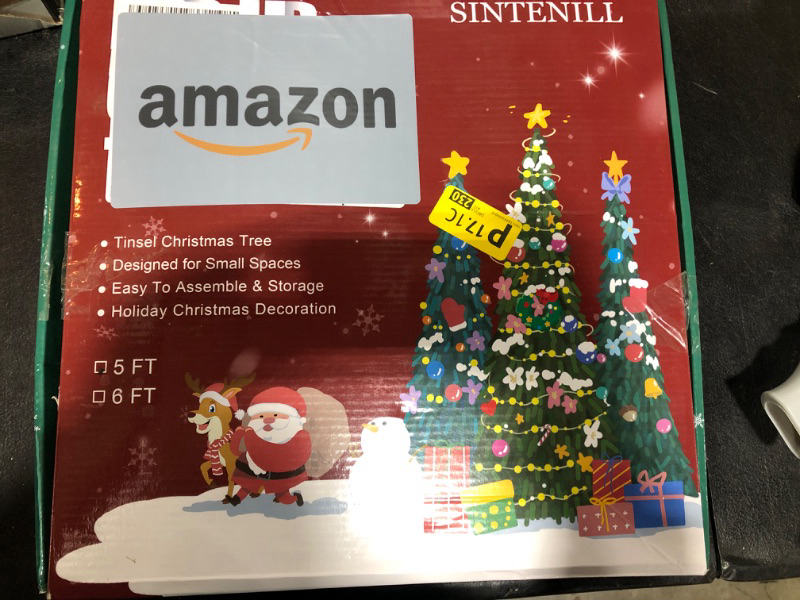 Photo 2 of SINTENILL 5 FT Pop Up Christmas Tree with Timer Lights and Decorations, Red Green Tinsel Christmas Tree with 24 Ball Ornaments, Pencil Tree Collapsible Christmas Tree for Home, Apartment, Office
