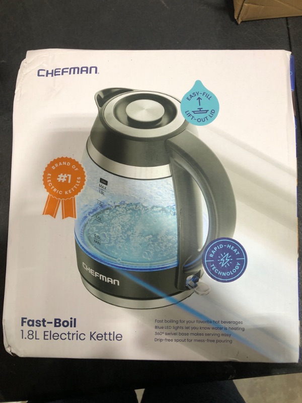 Photo 2 of Chefman Electric Kettle, 1.8L 1500W, Hot Water Boiler, Removable Lid for Easy Cleaning, Auto Shut Off, Boil-Dry Protection, Stainless Steel Filter, BPA Free, Borosilicate Glass Electric Tea Kettle