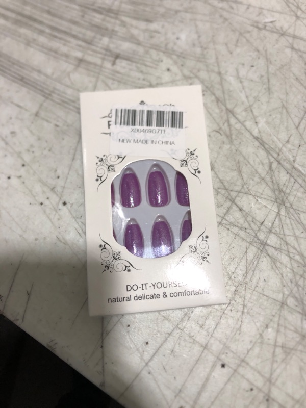 Photo 1 of Short Press on Nails Ballet Shaped Fake Nails French Coffin Glue on Nails with Purple Laser Glitter Chrome Designs Full Cover False Nails Artificial Acrylic Nail Decorations for Women and Girls 24Pcs